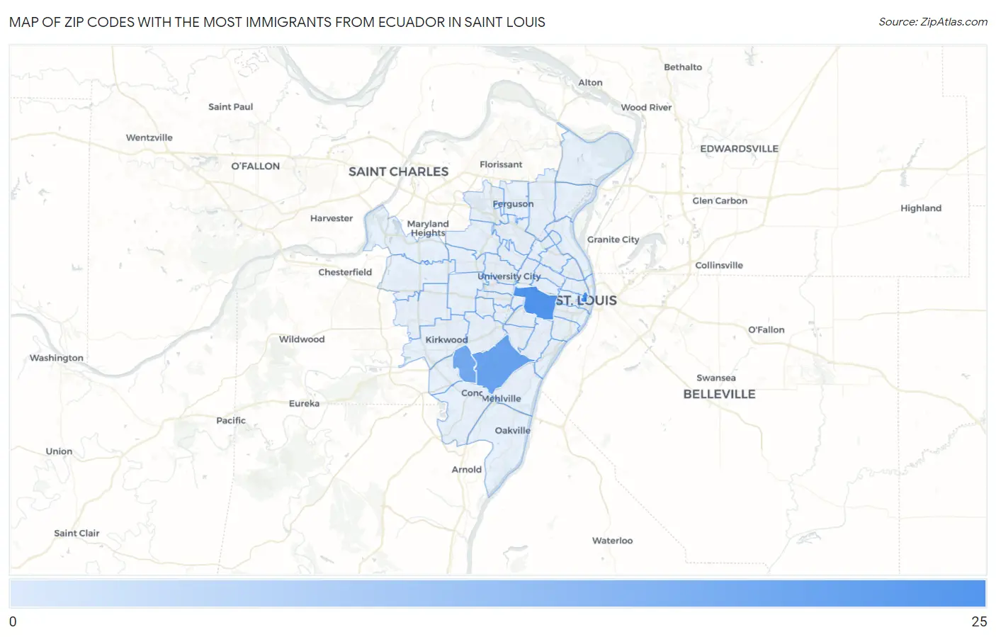 Zip Codes with the Most Immigrants from Ecuador in Saint Louis Map