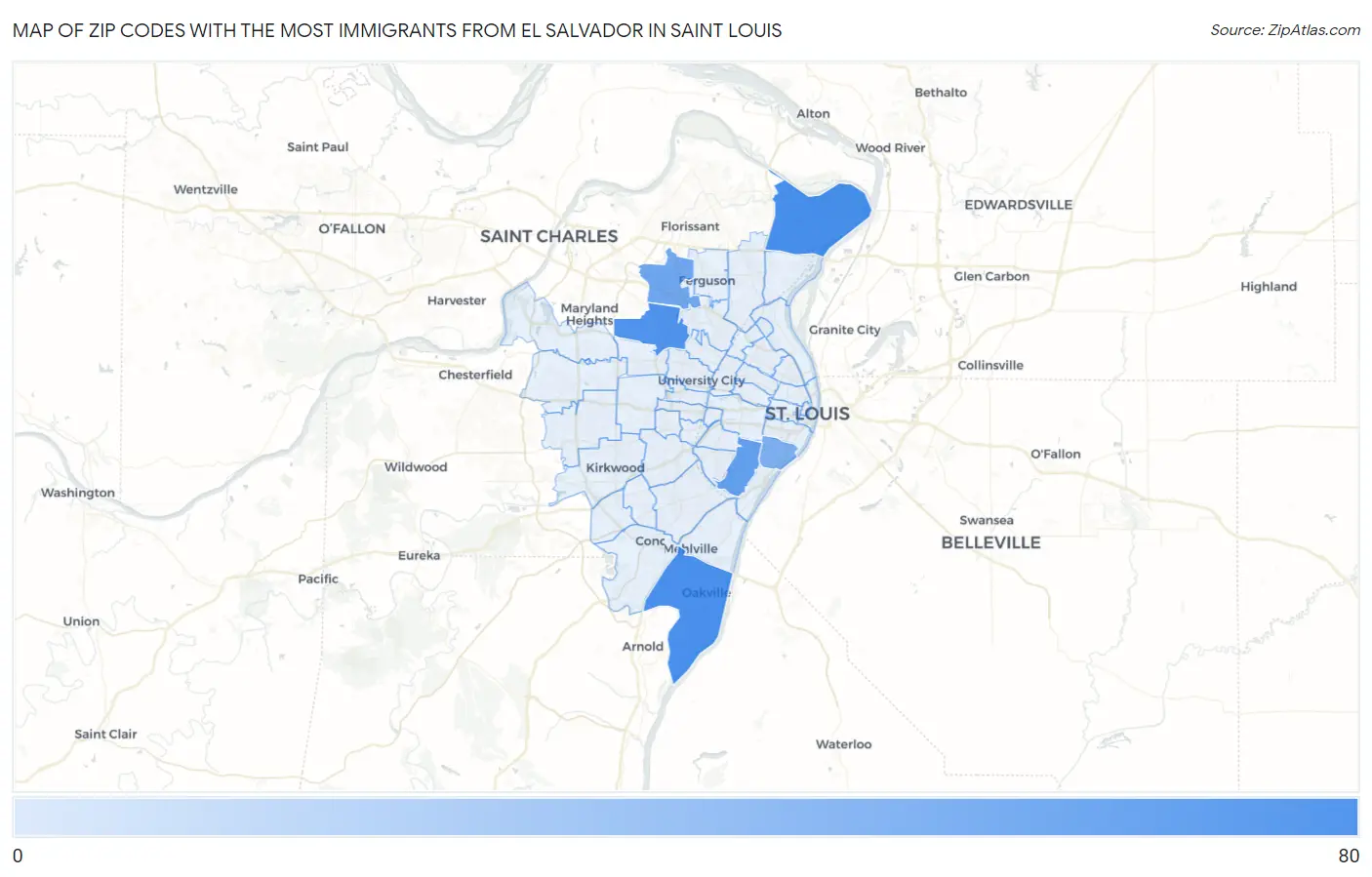 Zip Codes with the Most Immigrants from El Salvador in Saint Louis Map