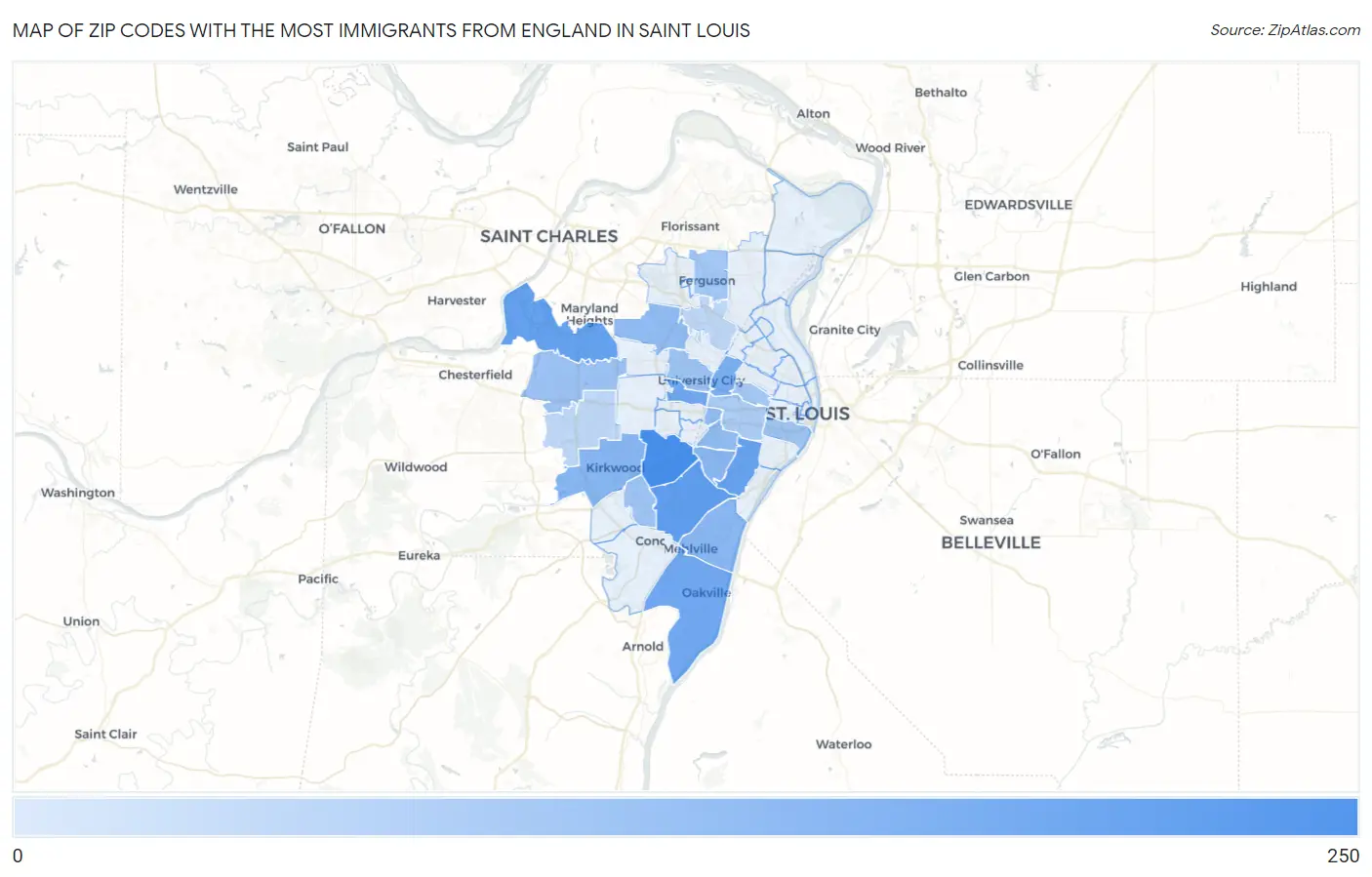 Zip Codes with the Most Immigrants from England in Saint Louis Map