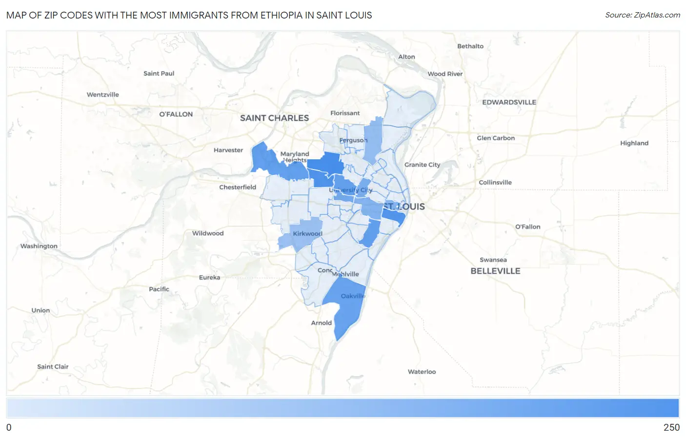 Zip Codes with the Most Immigrants from Ethiopia in Saint Louis Map