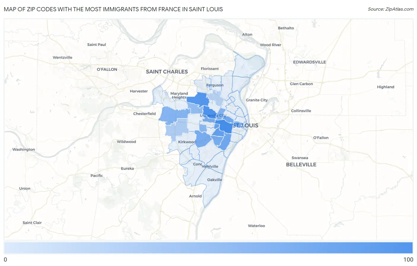 Zip Codes with the Most Immigrants from France in Saint Louis Map