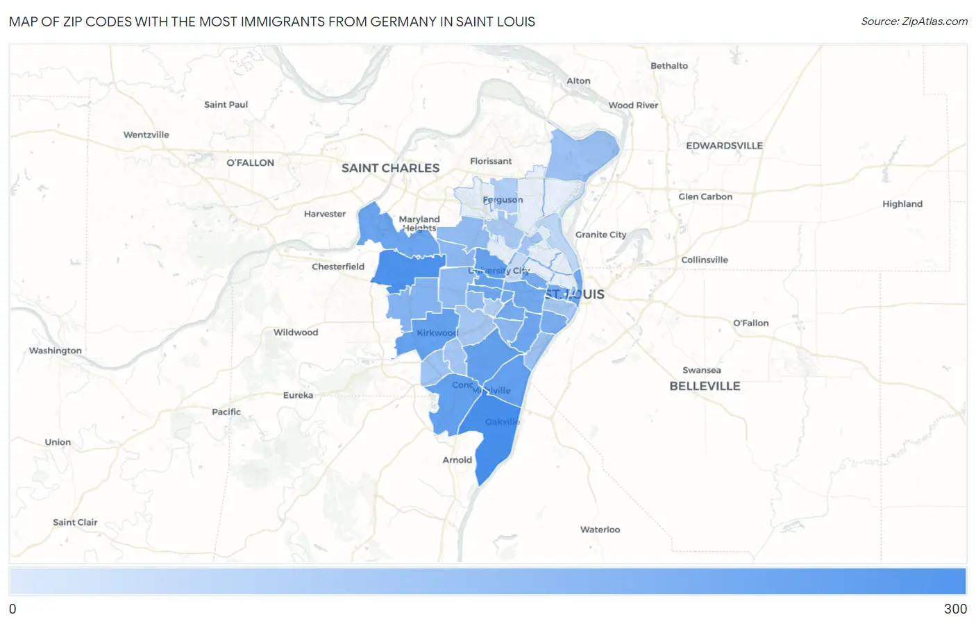 Zip Codes with the Most Immigrants from Germany in Saint Louis Map