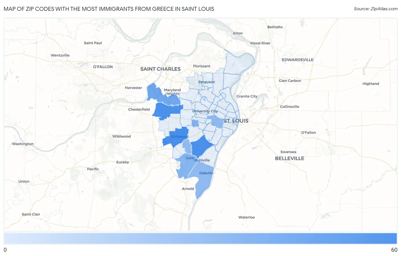 Zip Codes with the Most Immigrants from Greece in Saint Louis Map