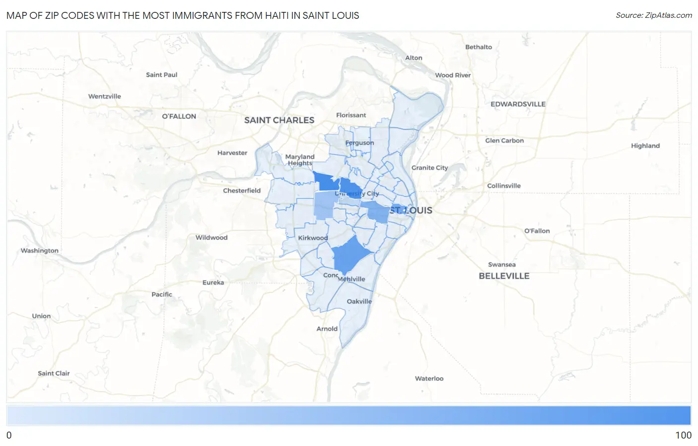 Zip Codes with the Most Immigrants from Haiti in Saint Louis Map