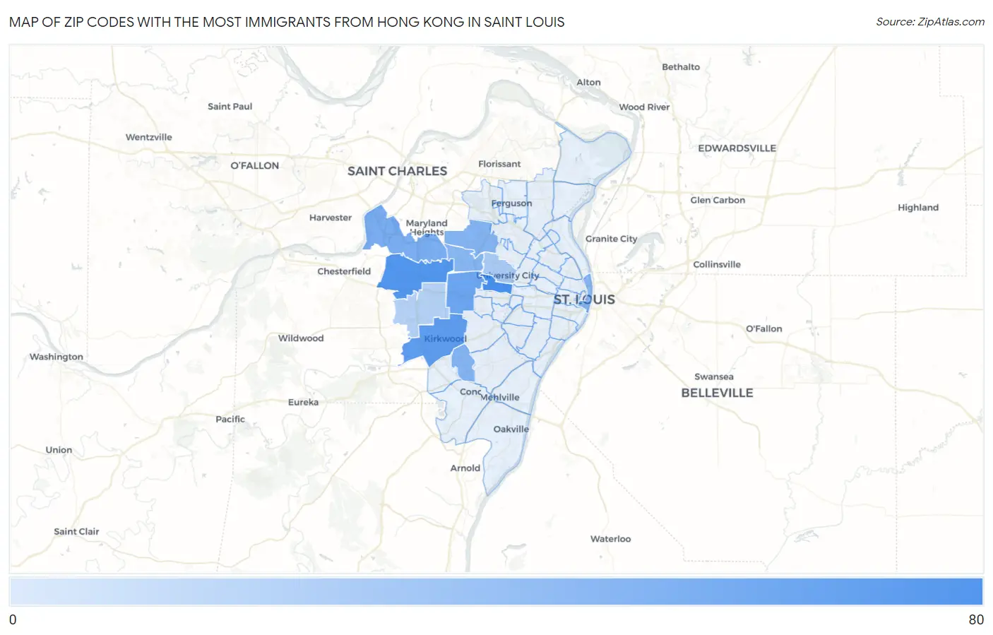 Zip Codes with the Most Immigrants from Hong Kong in Saint Louis Map