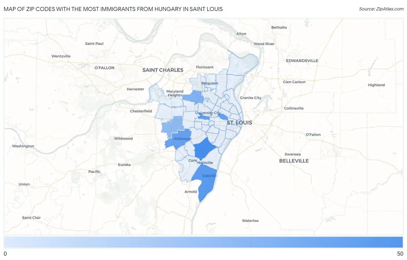 Zip Codes with the Most Immigrants from Hungary in Saint Louis Map