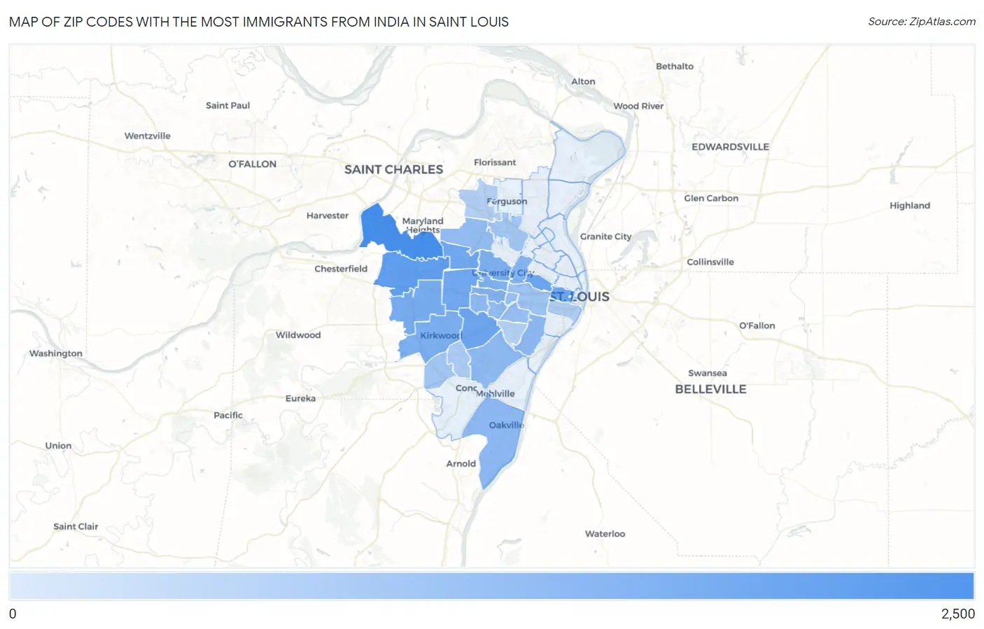 Zip Codes with the Most Immigrants from India in Saint Louis Map