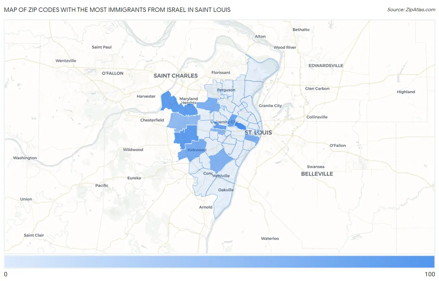 Zip Codes with the Most Immigrants from Israel in Saint Louis Map