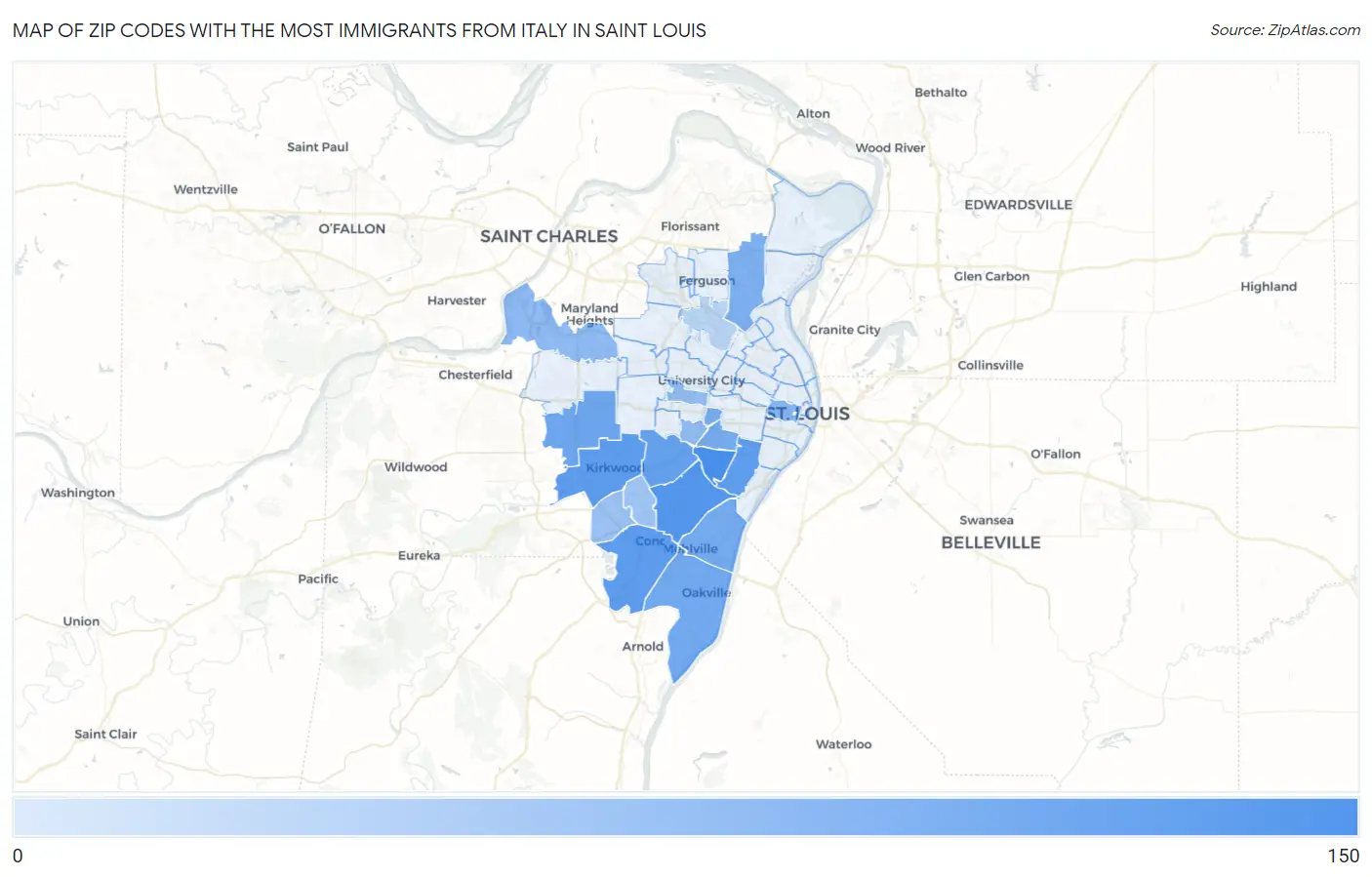 Zip Codes with the Most Immigrants from Italy in Saint Louis Map