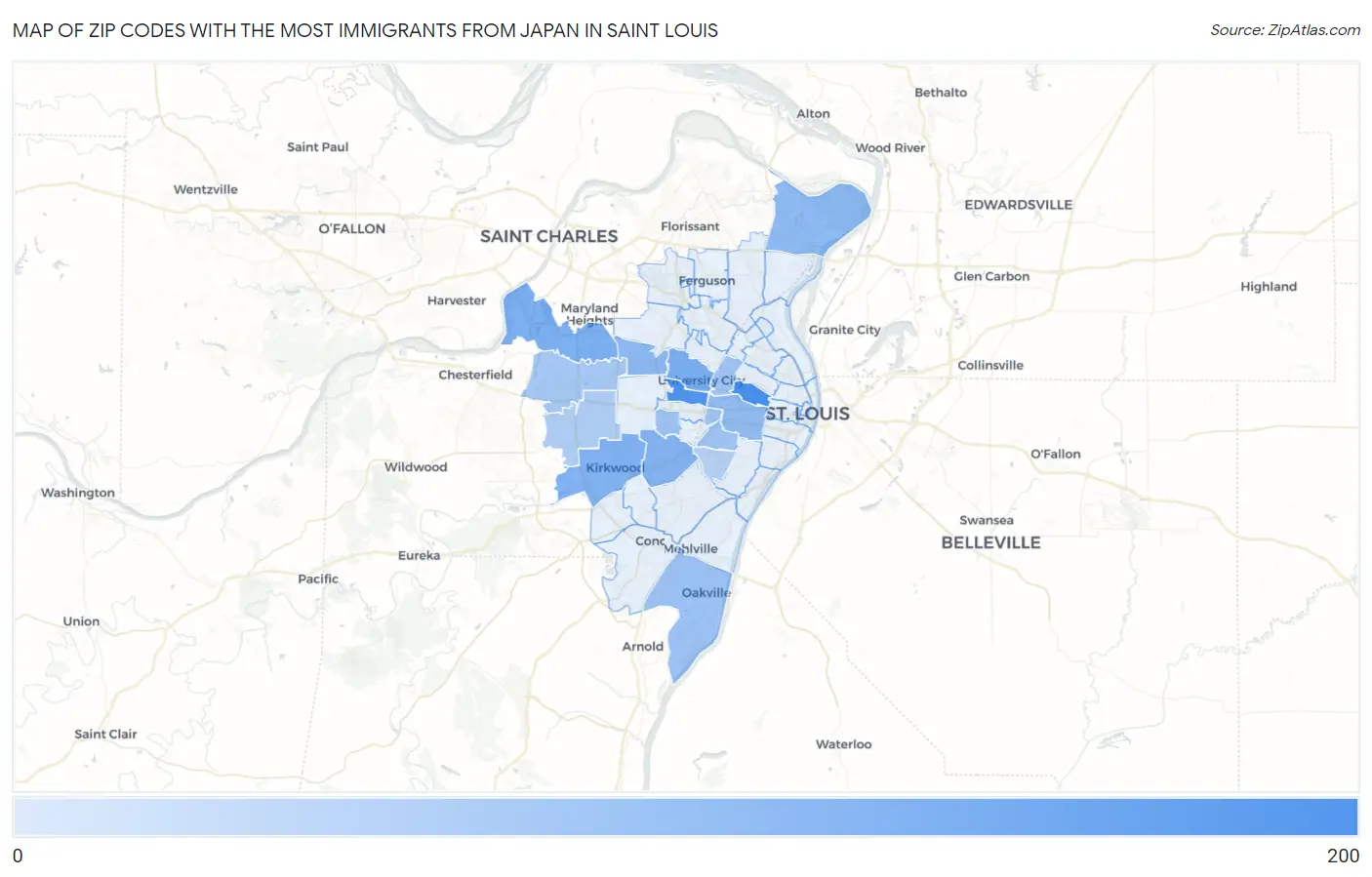 Zip Codes with the Most Immigrants from Japan in Saint Louis Map