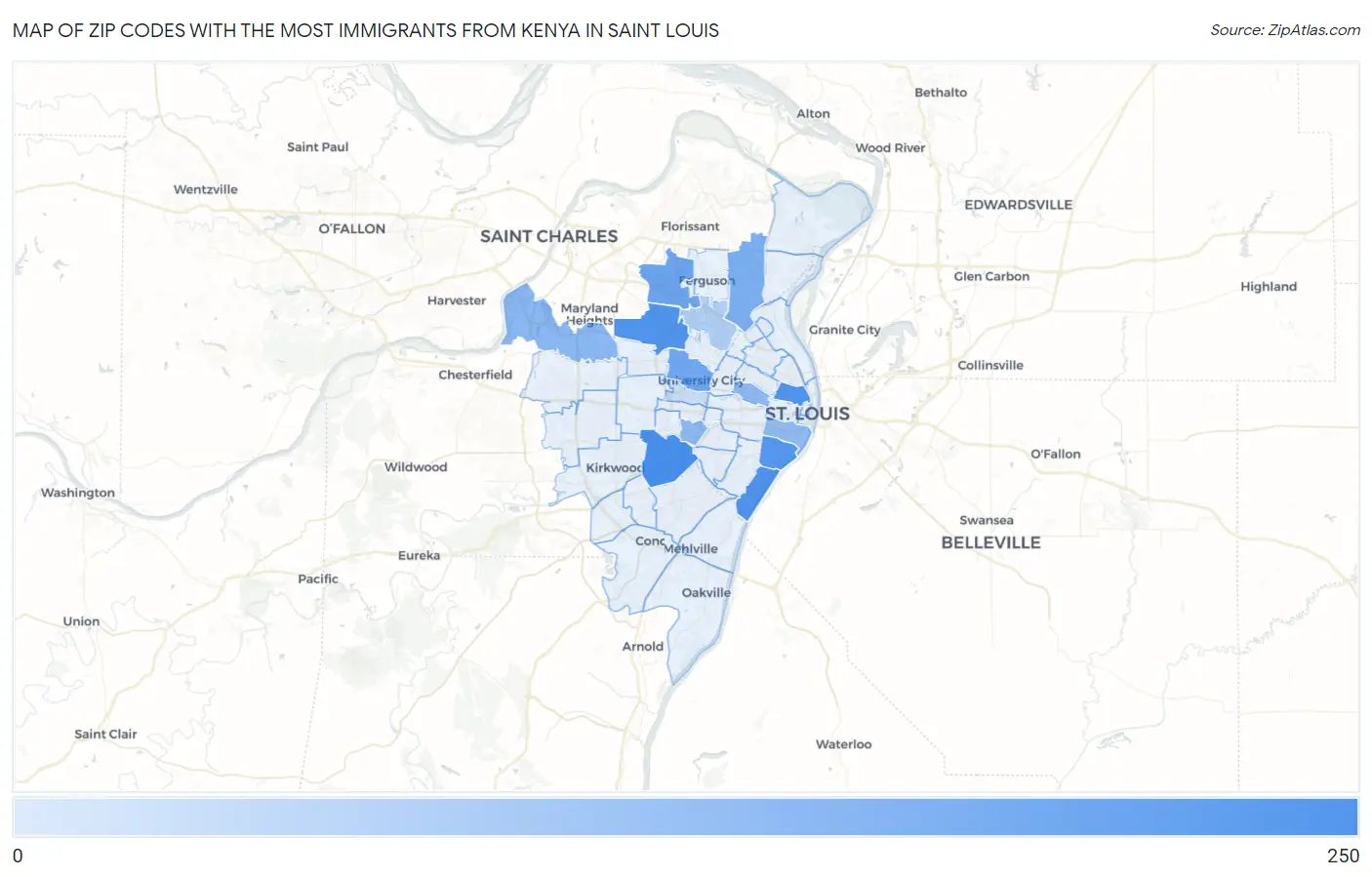 Zip Codes with the Most Immigrants from Kenya in Saint Louis Map