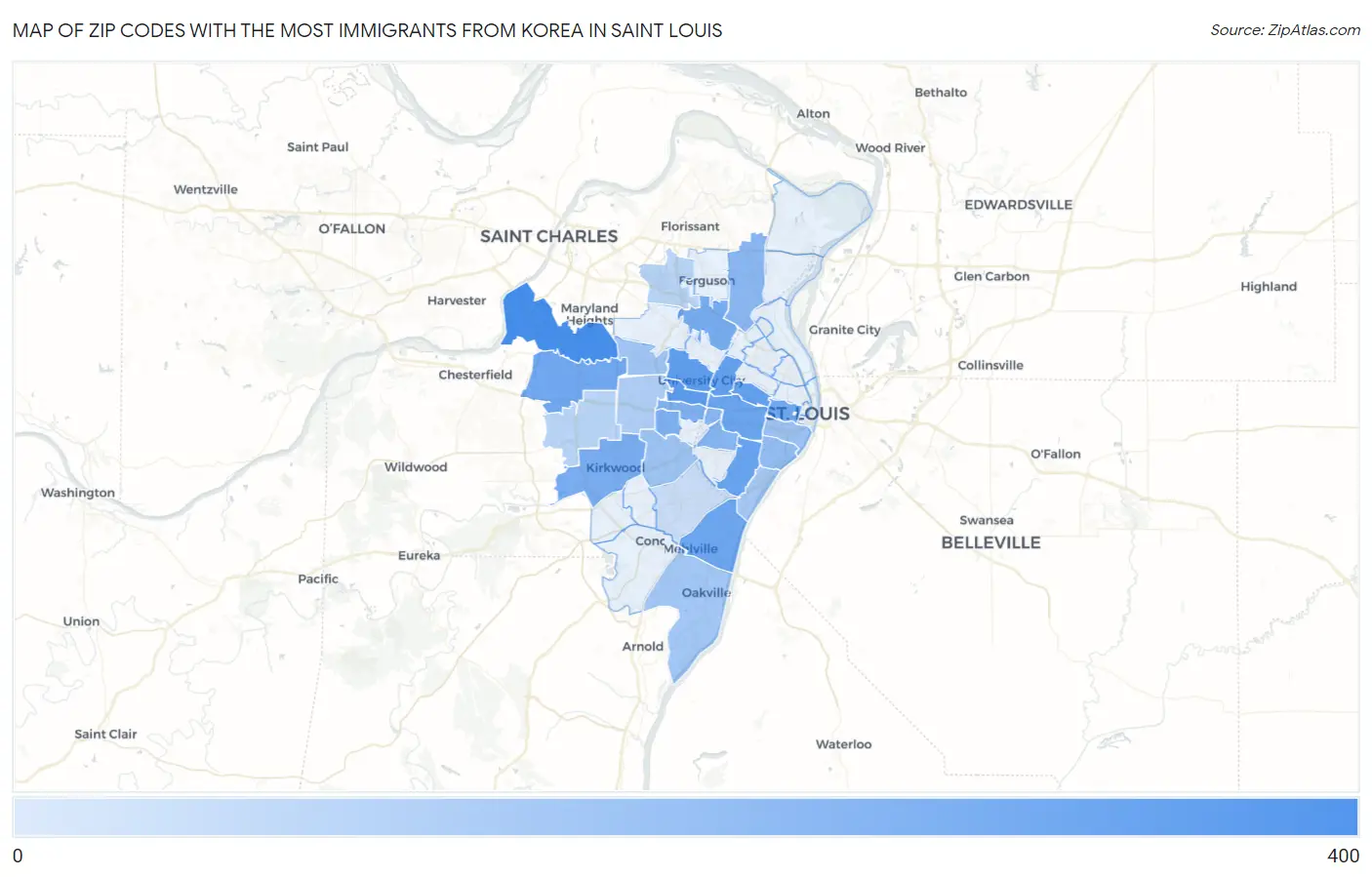 Zip Codes with the Most Immigrants from Korea in Saint Louis Map