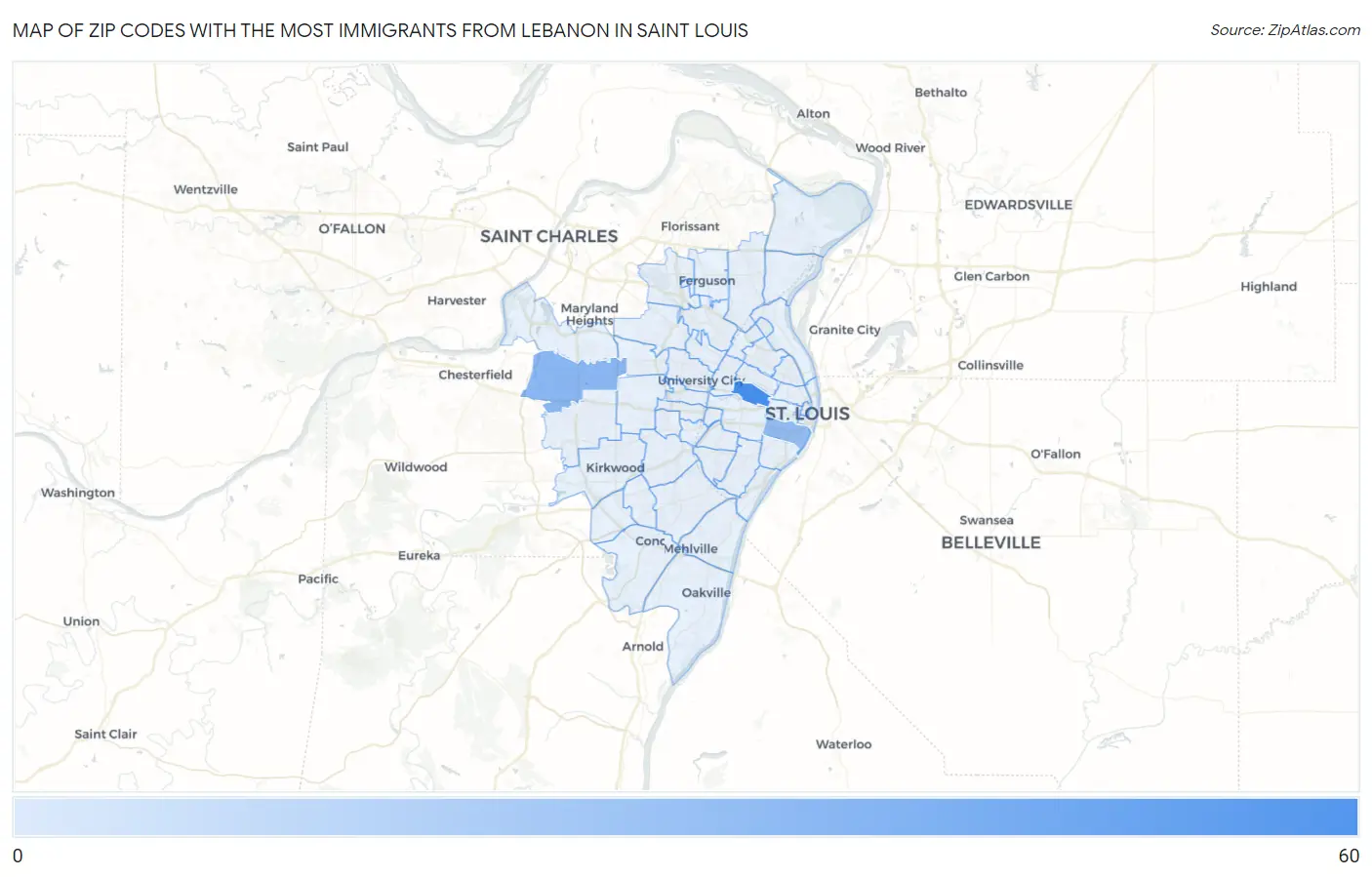Zip Codes with the Most Immigrants from Lebanon in Saint Louis Map