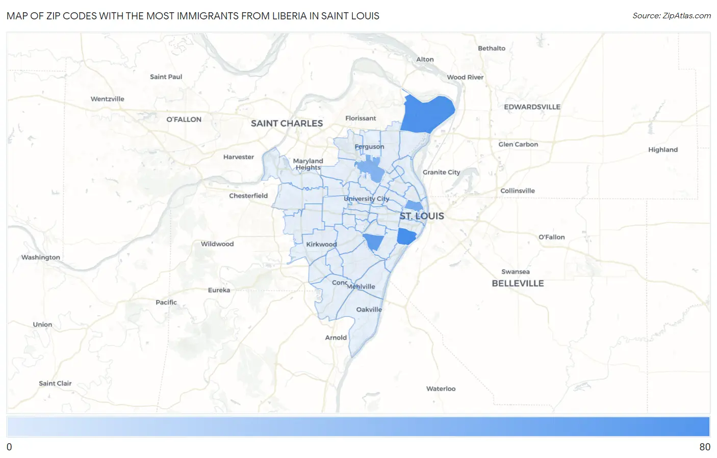 Zip Codes with the Most Immigrants from Liberia in Saint Louis Map