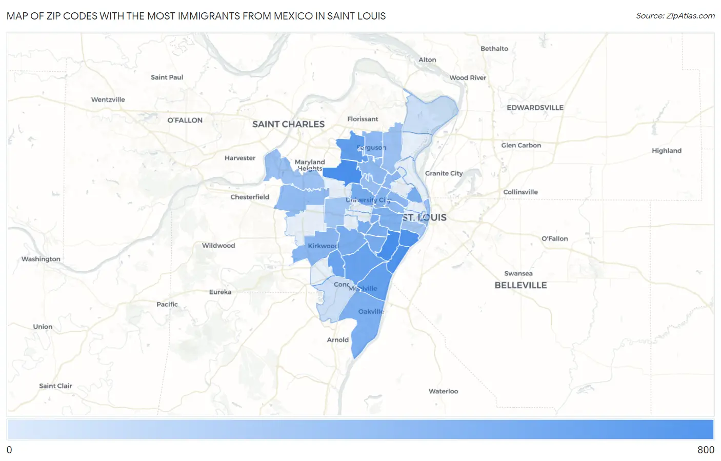 Zip Codes with the Most Immigrants from Mexico in Saint Louis Map