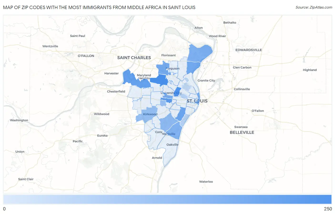 Zip Codes with the Most Immigrants from Middle Africa in Saint Louis Map