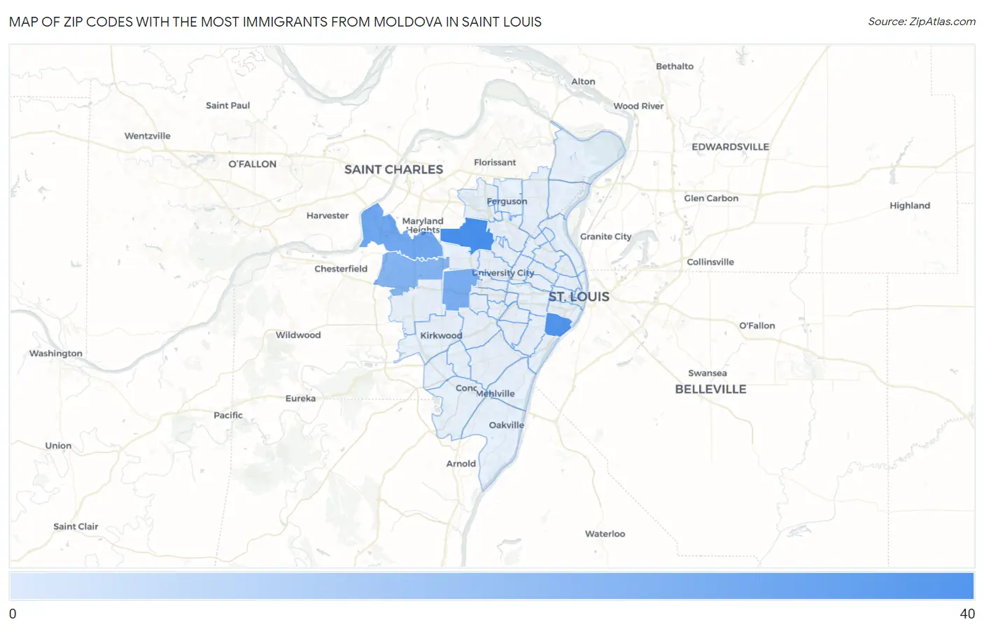 Zip Codes with the Most Immigrants from Moldova in Saint Louis Map
