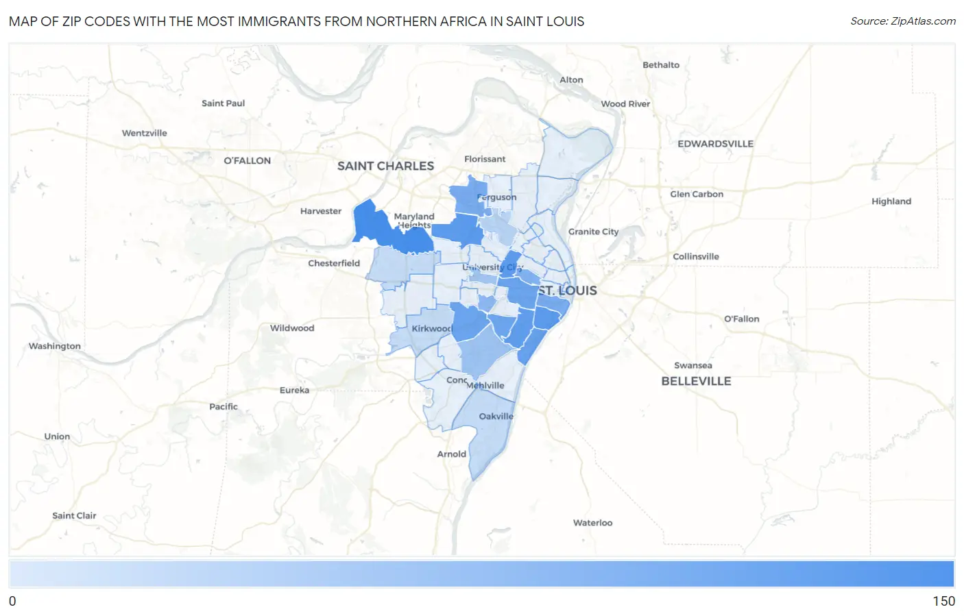 Zip Codes with the Most Immigrants from Northern Africa in Saint Louis Map