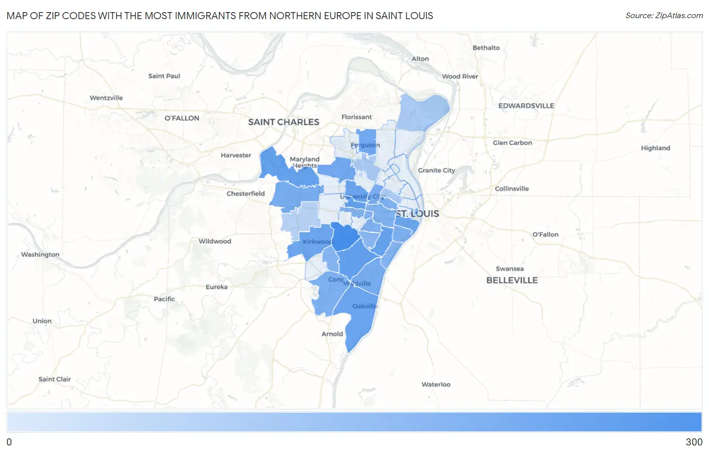 Zip Codes with the Most Immigrants from Northern Europe in Saint Louis Map