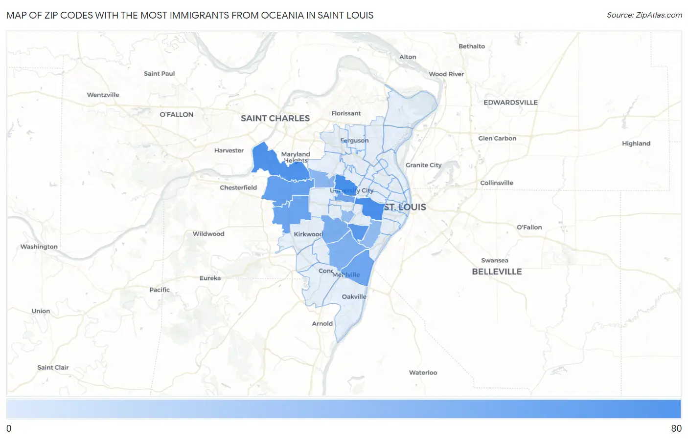 Zip Codes with the Most Immigrants from Oceania in Saint Louis Map