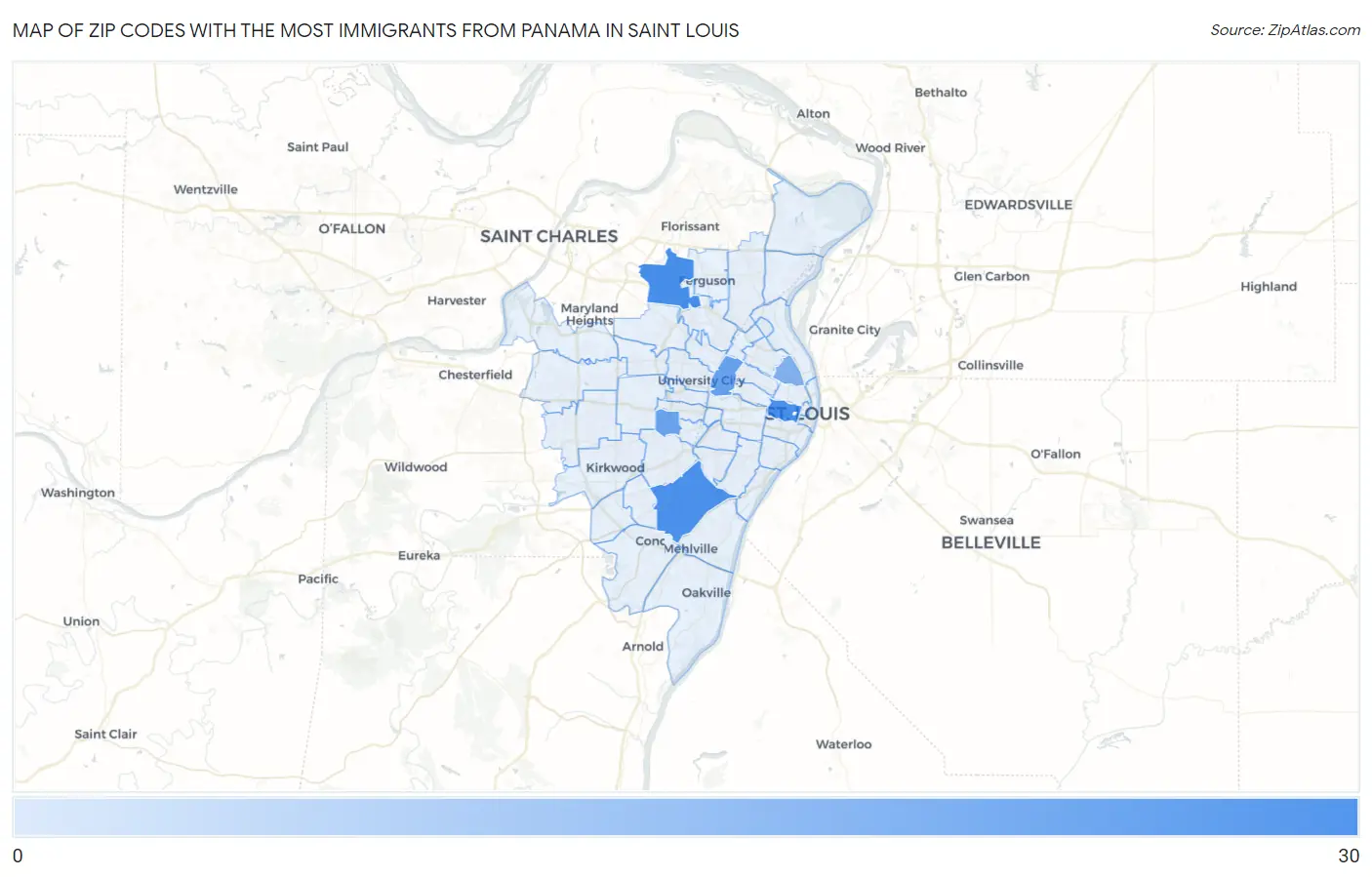 Zip Codes with the Most Immigrants from Panama in Saint Louis Map
