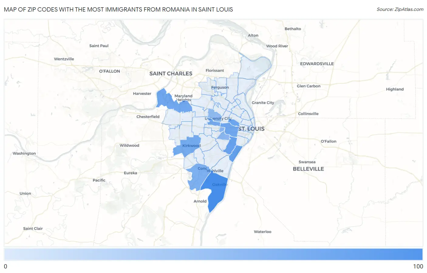 Zip Codes with the Most Immigrants from Romania in Saint Louis Map