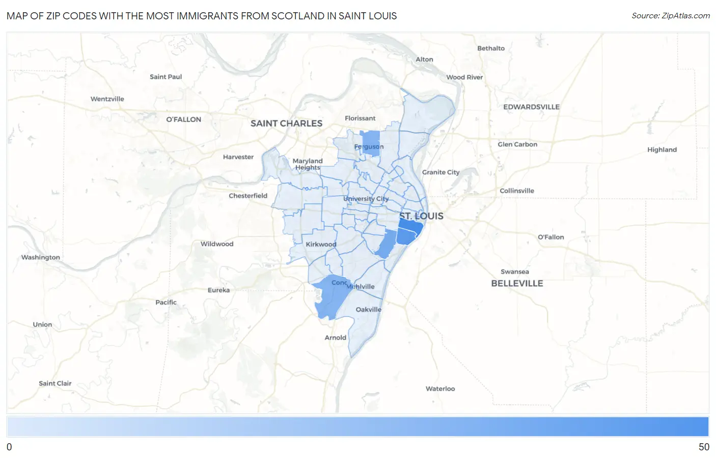 Zip Codes with the Most Immigrants from Scotland in Saint Louis Map
