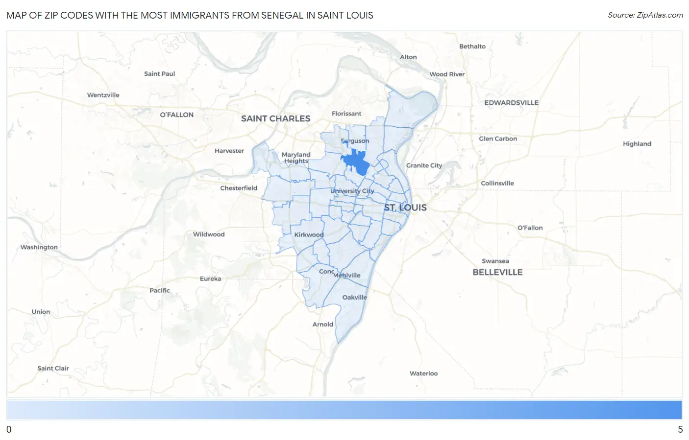 Zip Codes with the Most Immigrants from Senegal in Saint Louis Map