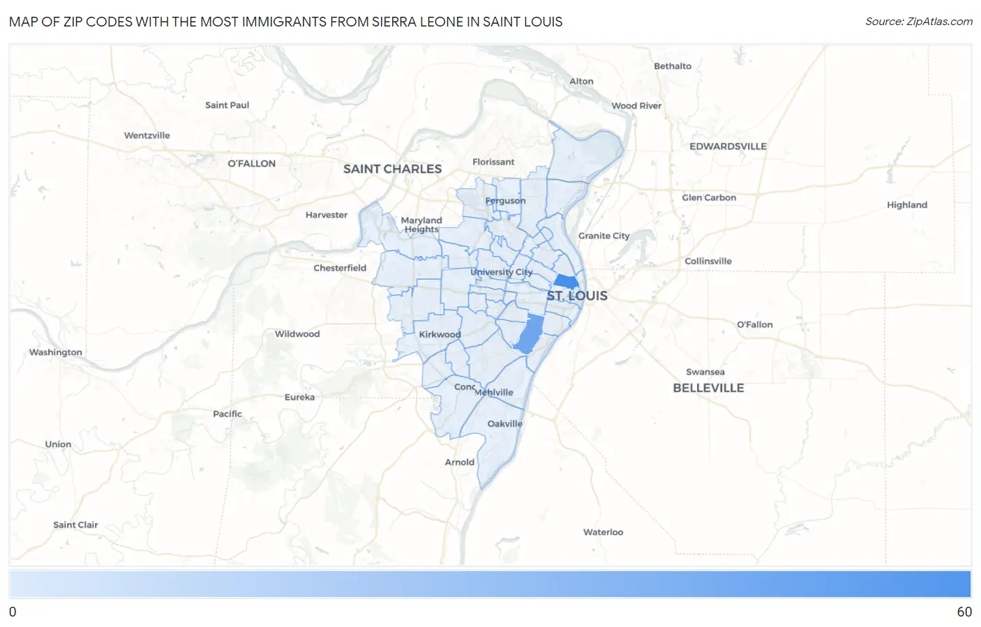 Zip Codes with the Most Immigrants from Sierra Leone in Saint Louis Map