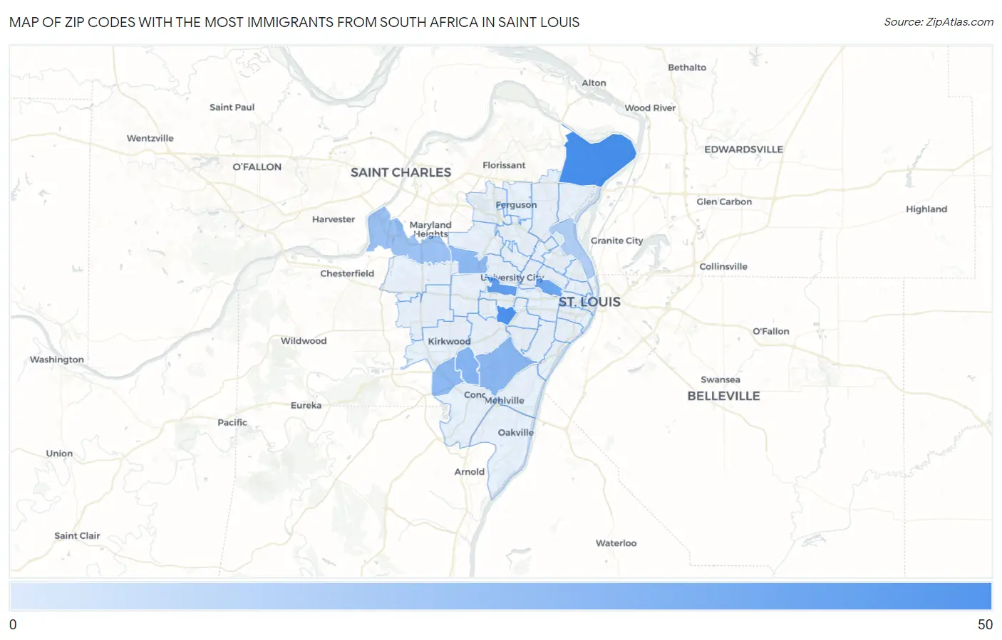 Zip Codes with the Most Immigrants from South Africa in Saint Louis Map