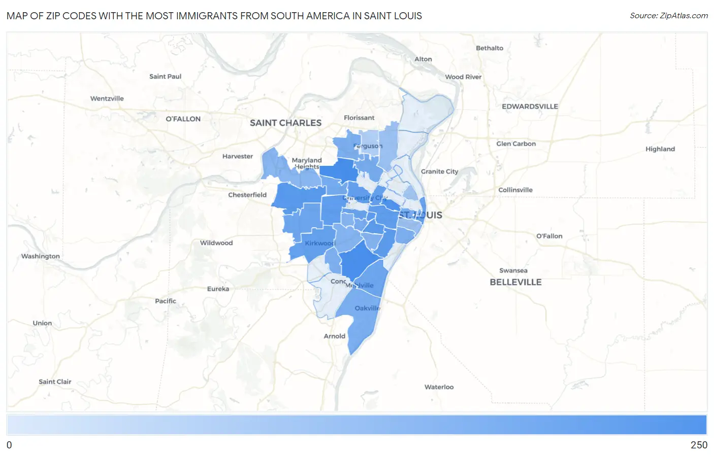 Zip Codes with the Most Immigrants from South America in Saint Louis Map