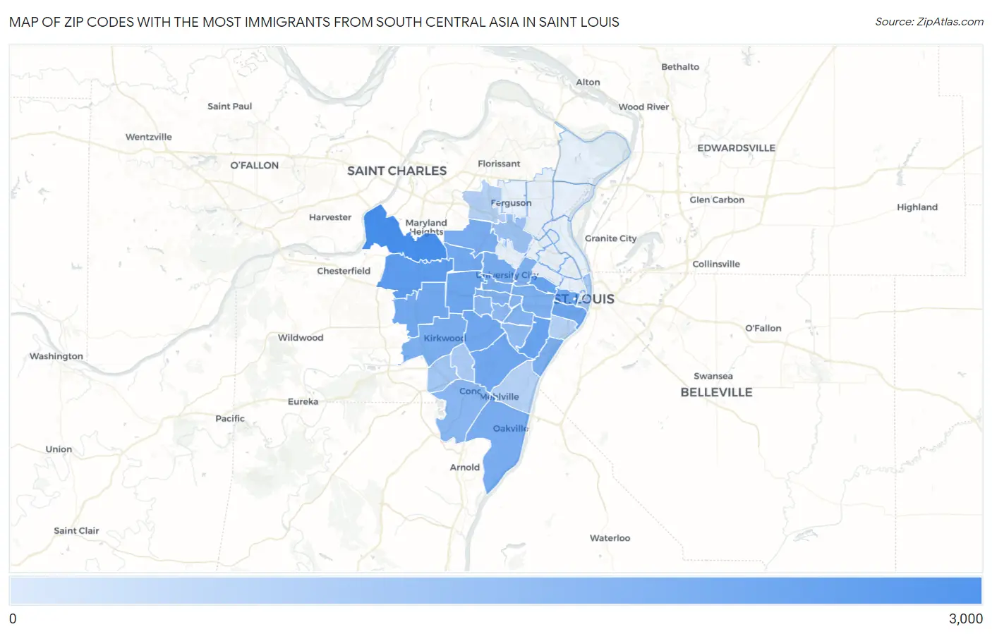 Zip Codes with the Most Immigrants from South Central Asia in Saint Louis Map