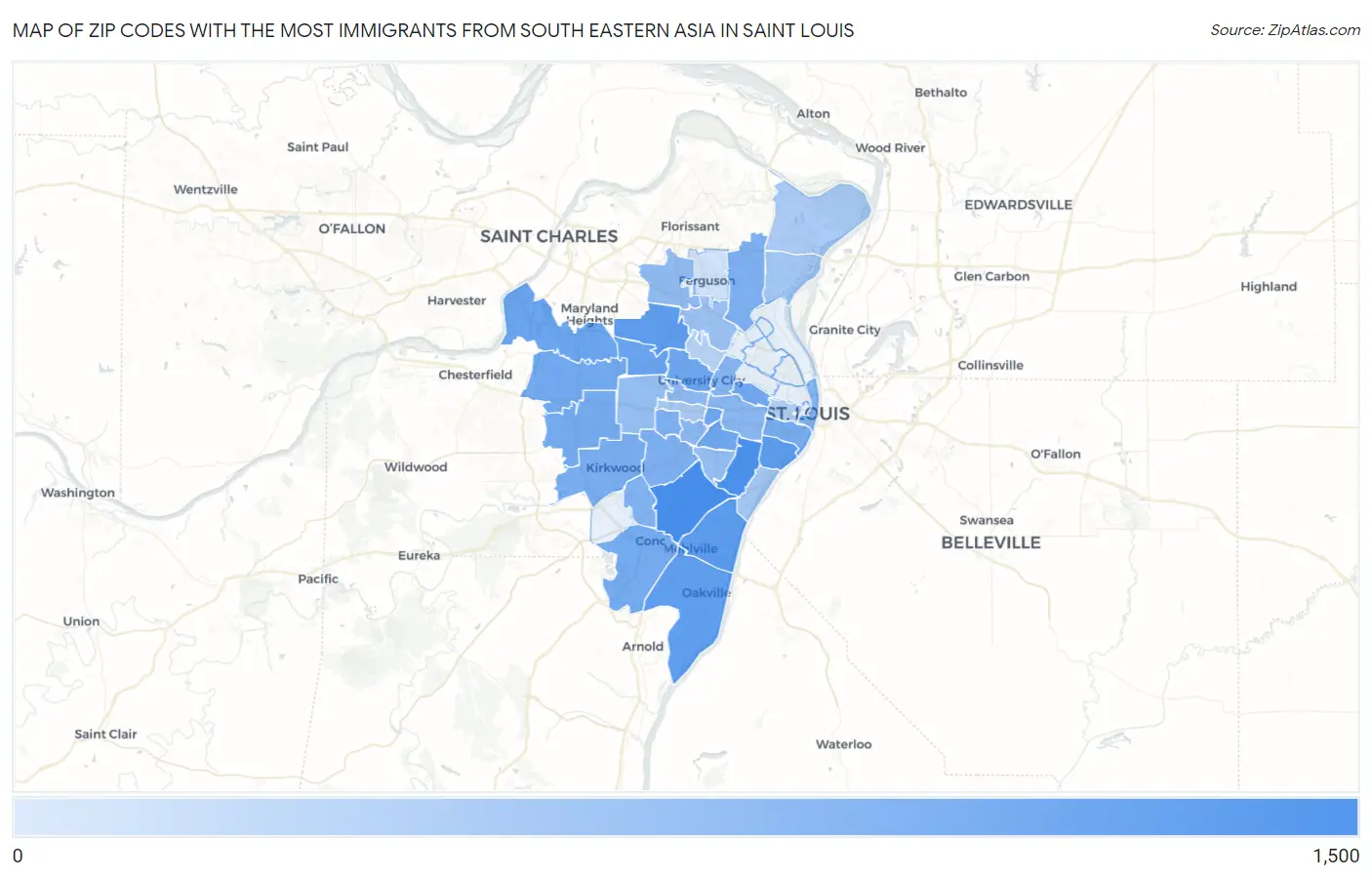 Zip Codes with the Most Immigrants from South Eastern Asia in Saint Louis Map