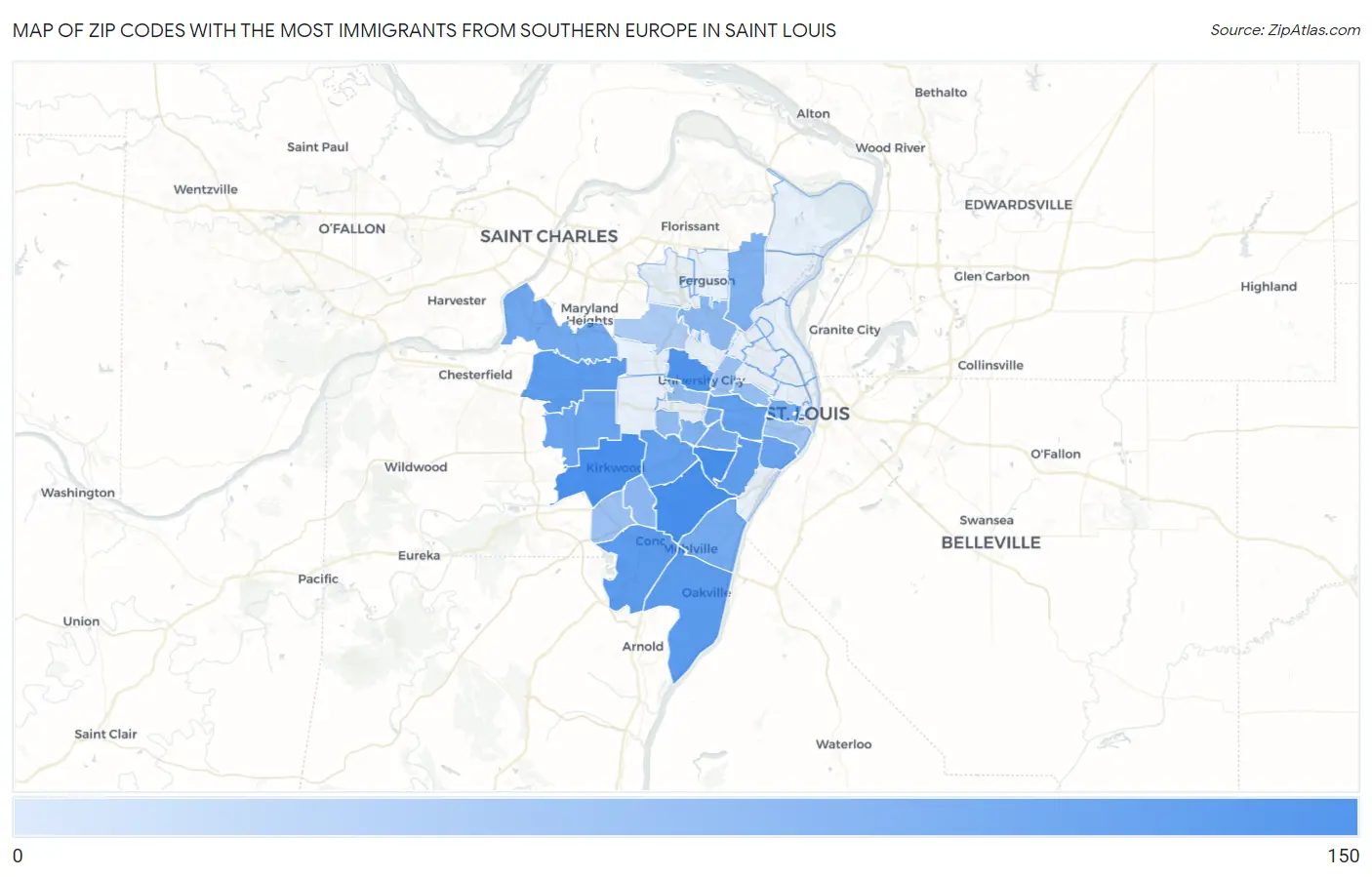 Zip Codes with the Most Immigrants from Southern Europe in Saint Louis Map