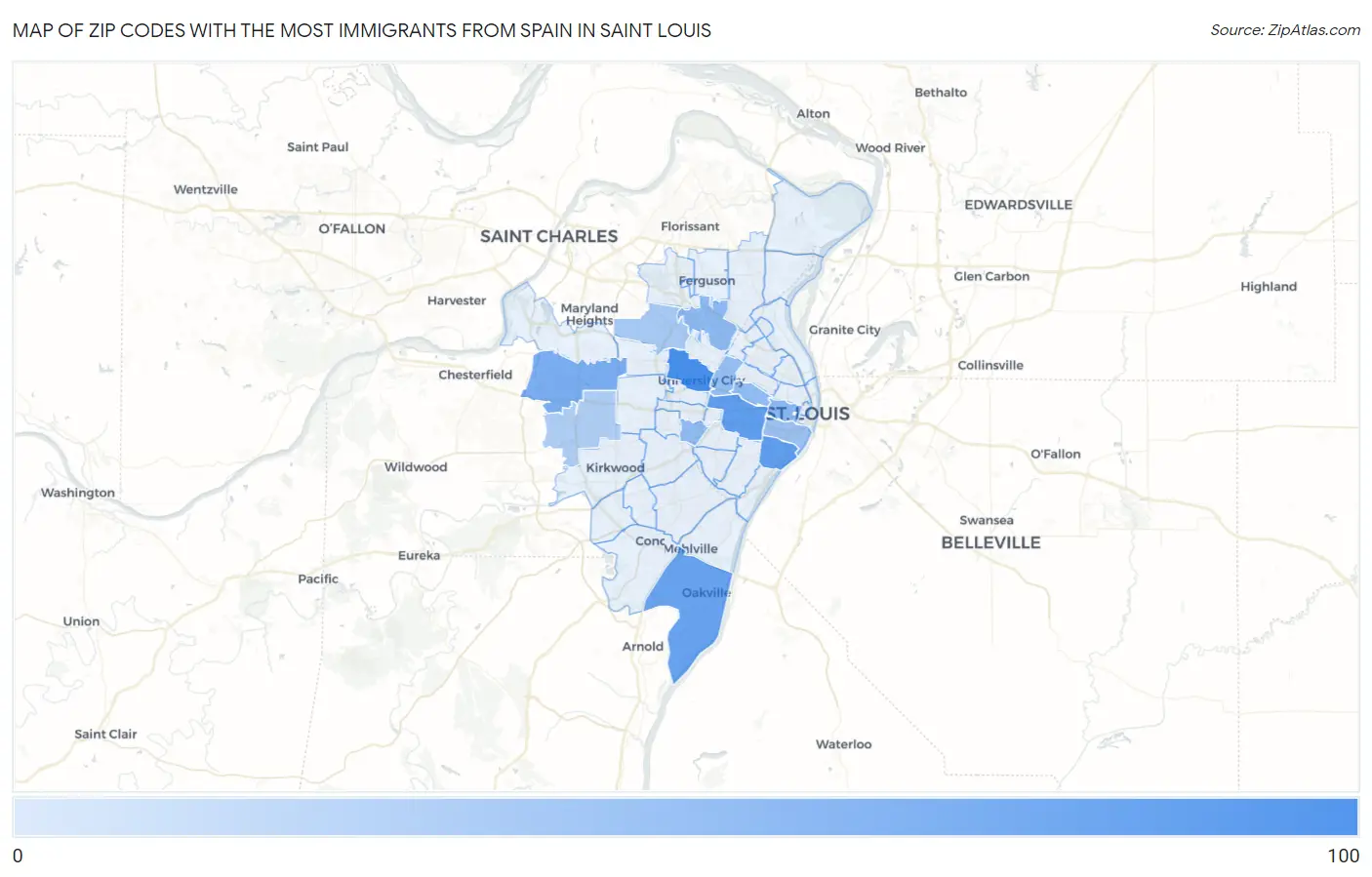 Zip Codes with the Most Immigrants from Spain in Saint Louis Map