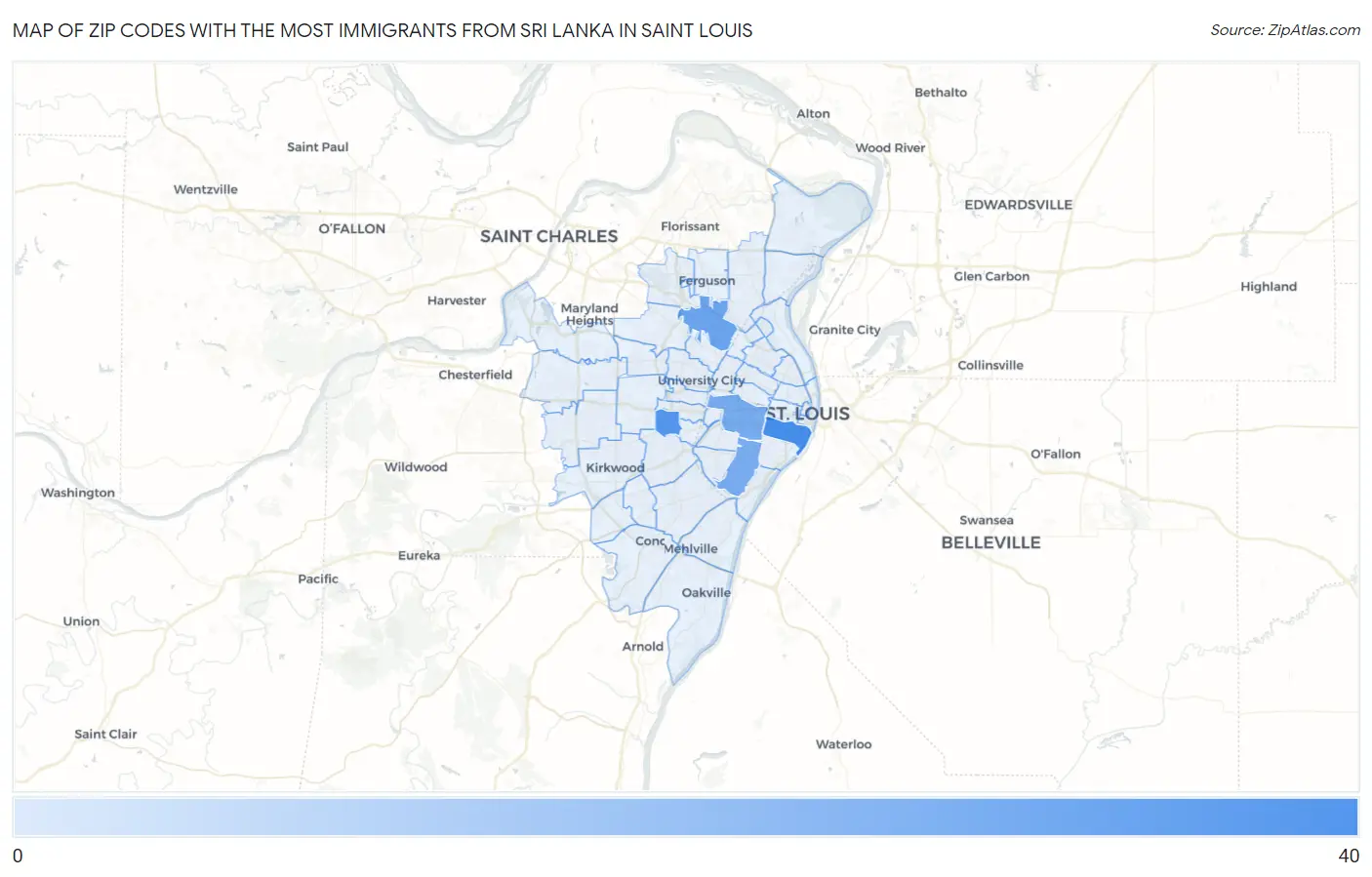 Zip Codes with the Most Immigrants from Sri Lanka in Saint Louis Map