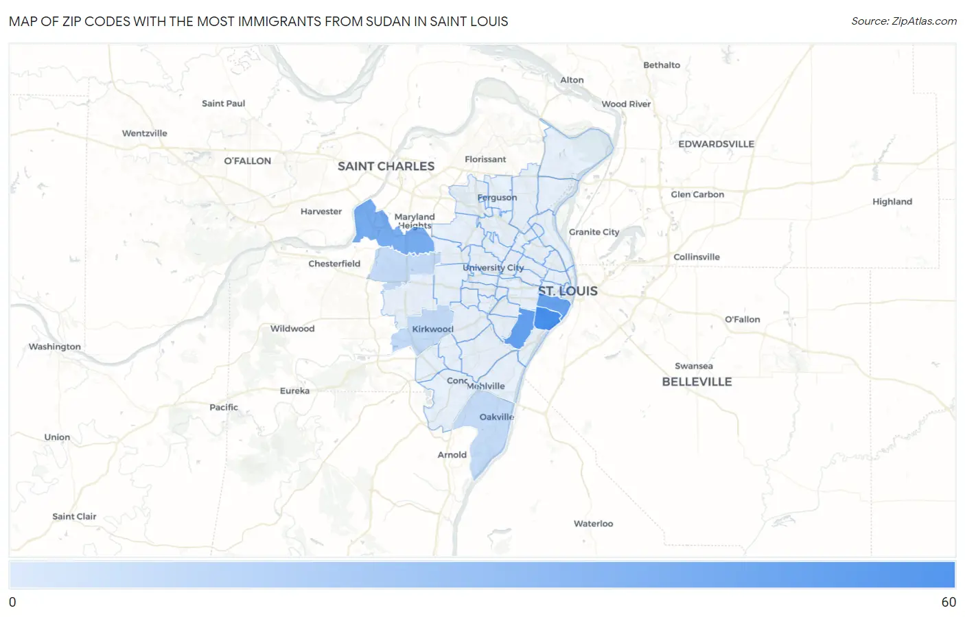 Zip Codes with the Most Immigrants from Sudan in Saint Louis Map