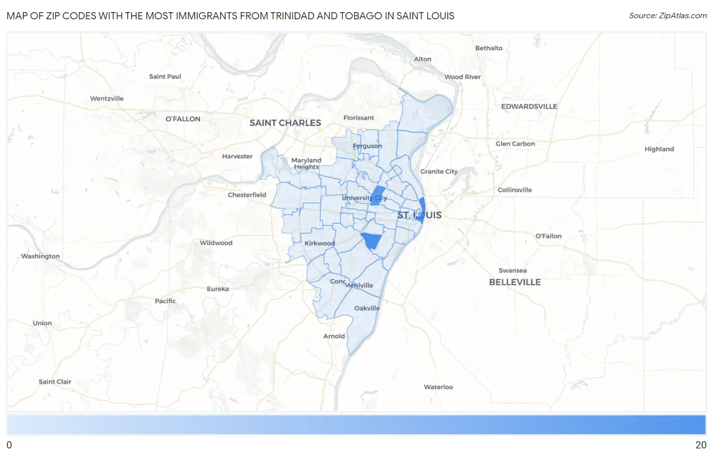Zip Codes with the Most Immigrants from Trinidad and Tobago in Saint Louis Map