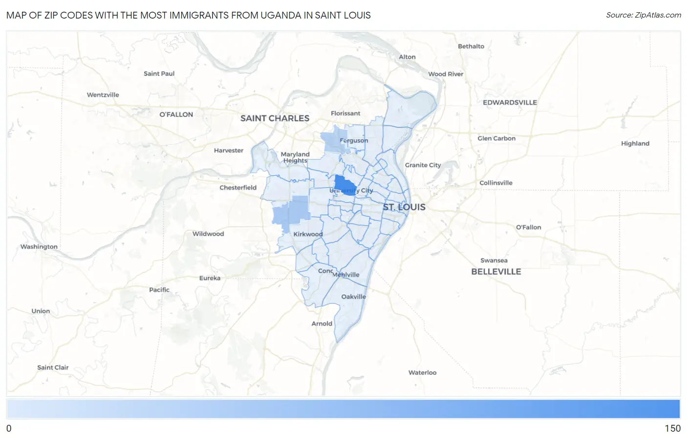 Zip Codes with the Most Immigrants from Uganda in Saint Louis Map