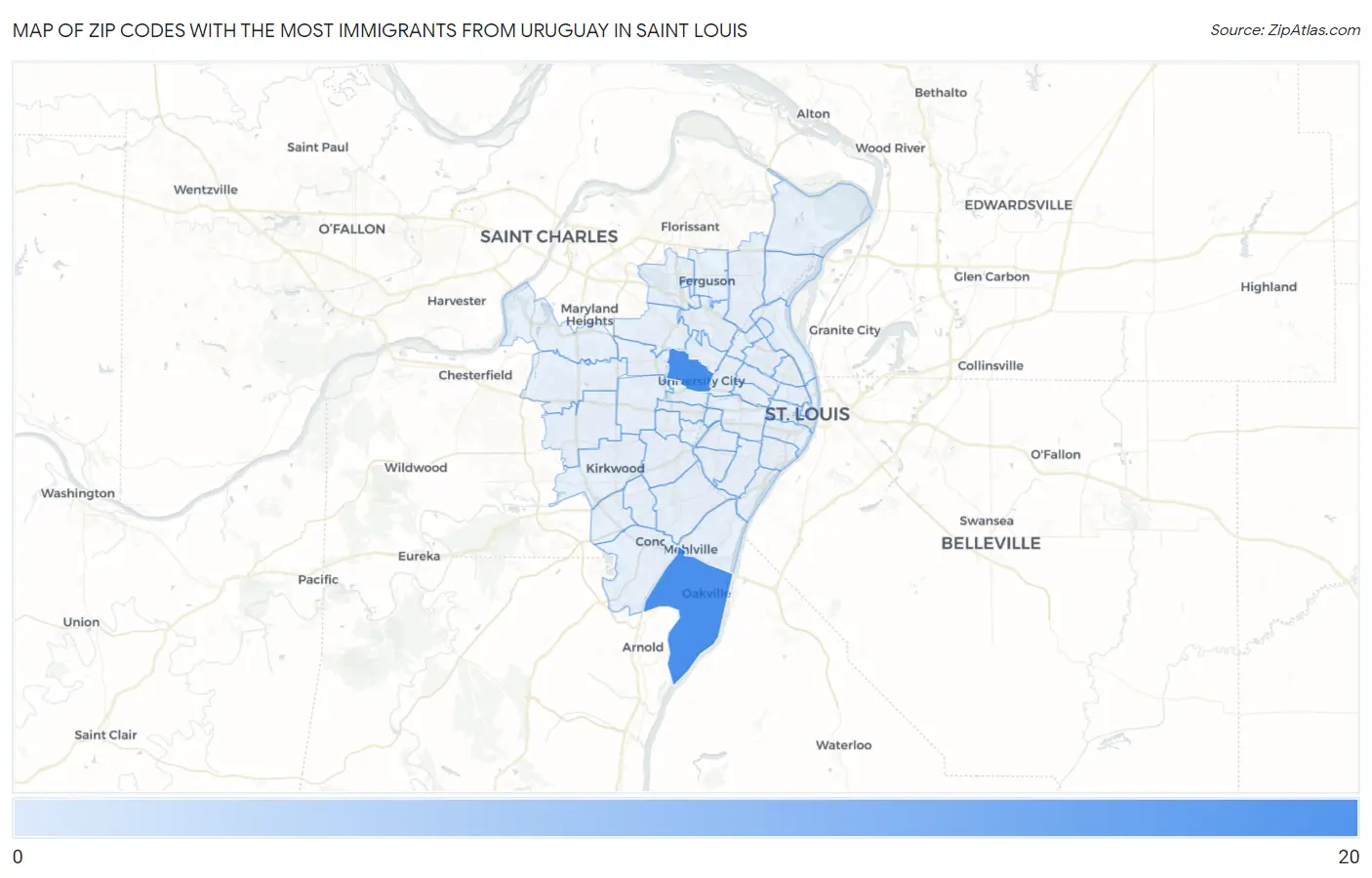 Zip Codes with the Most Immigrants from Uruguay in Saint Louis Map