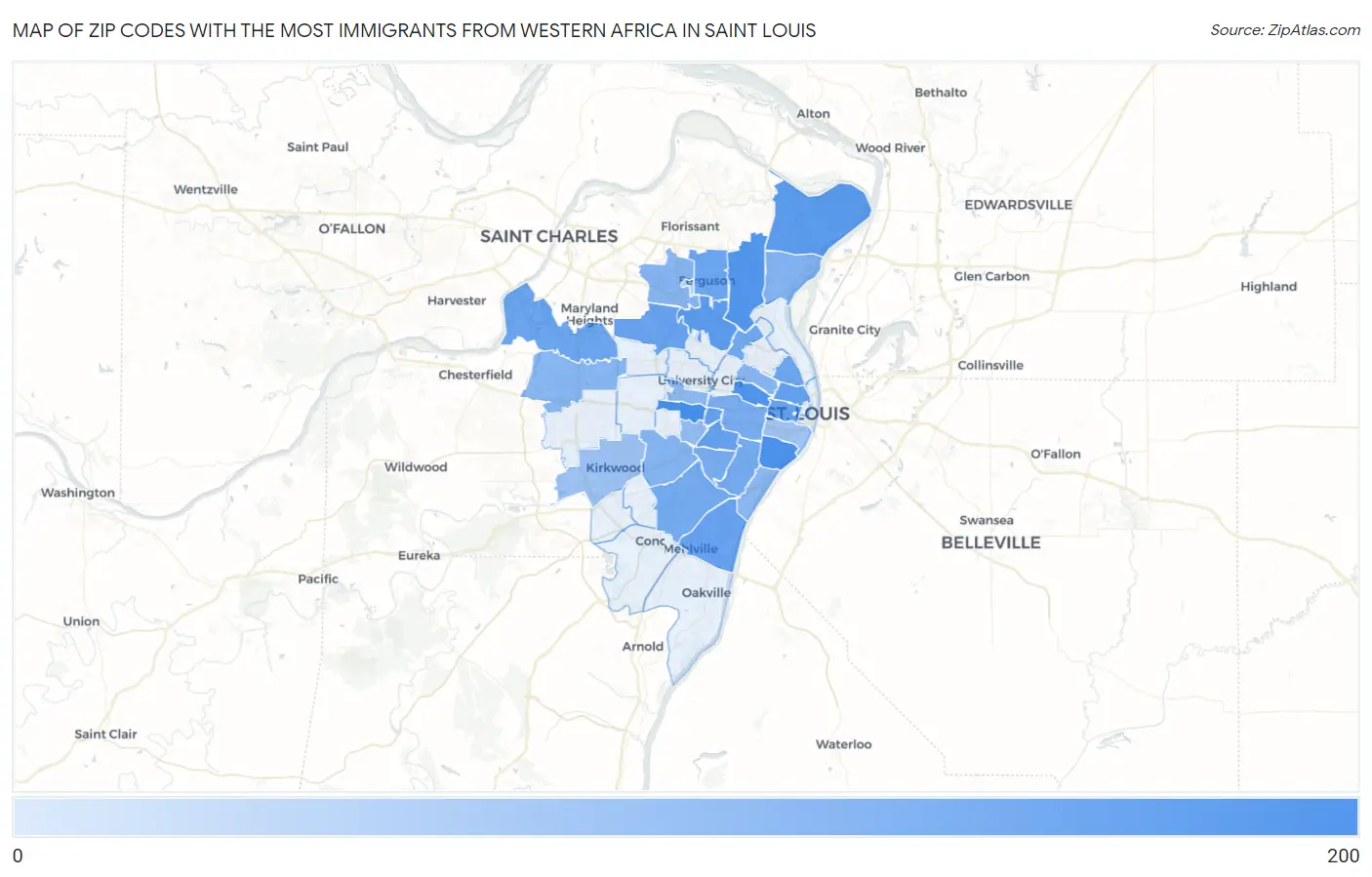 Zip Codes with the Most Immigrants from Western Africa in Saint Louis Map
