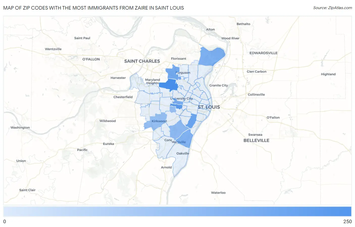 Zip Codes with the Most Immigrants from Zaire in Saint Louis Map