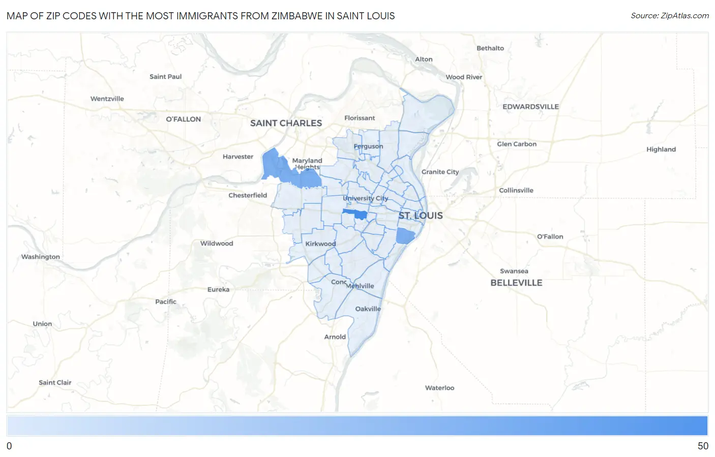 Zip Codes with the Most Immigrants from Zimbabwe in Saint Louis Map