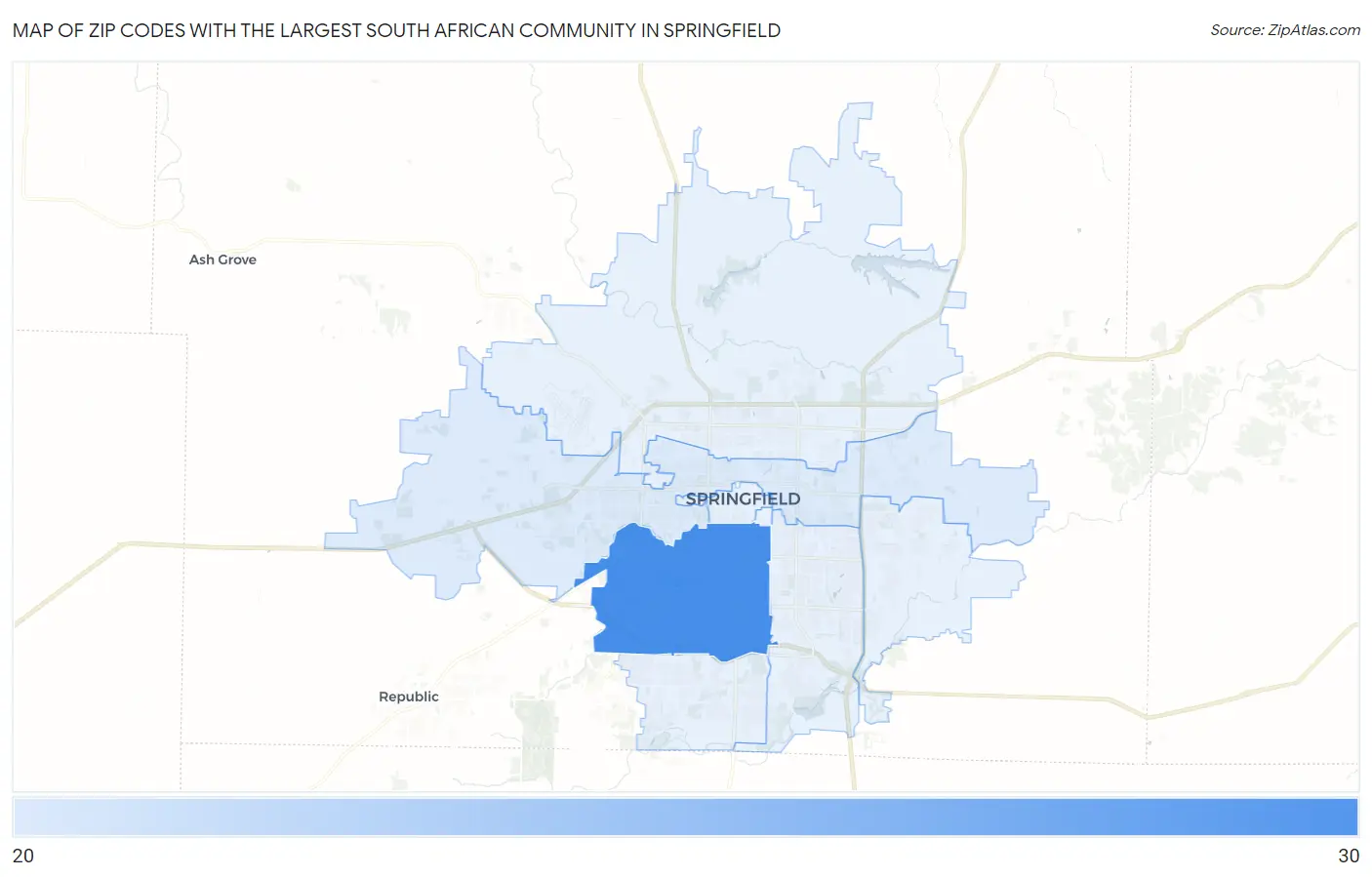 Zip Codes with the Largest South African Community in Springfield Map