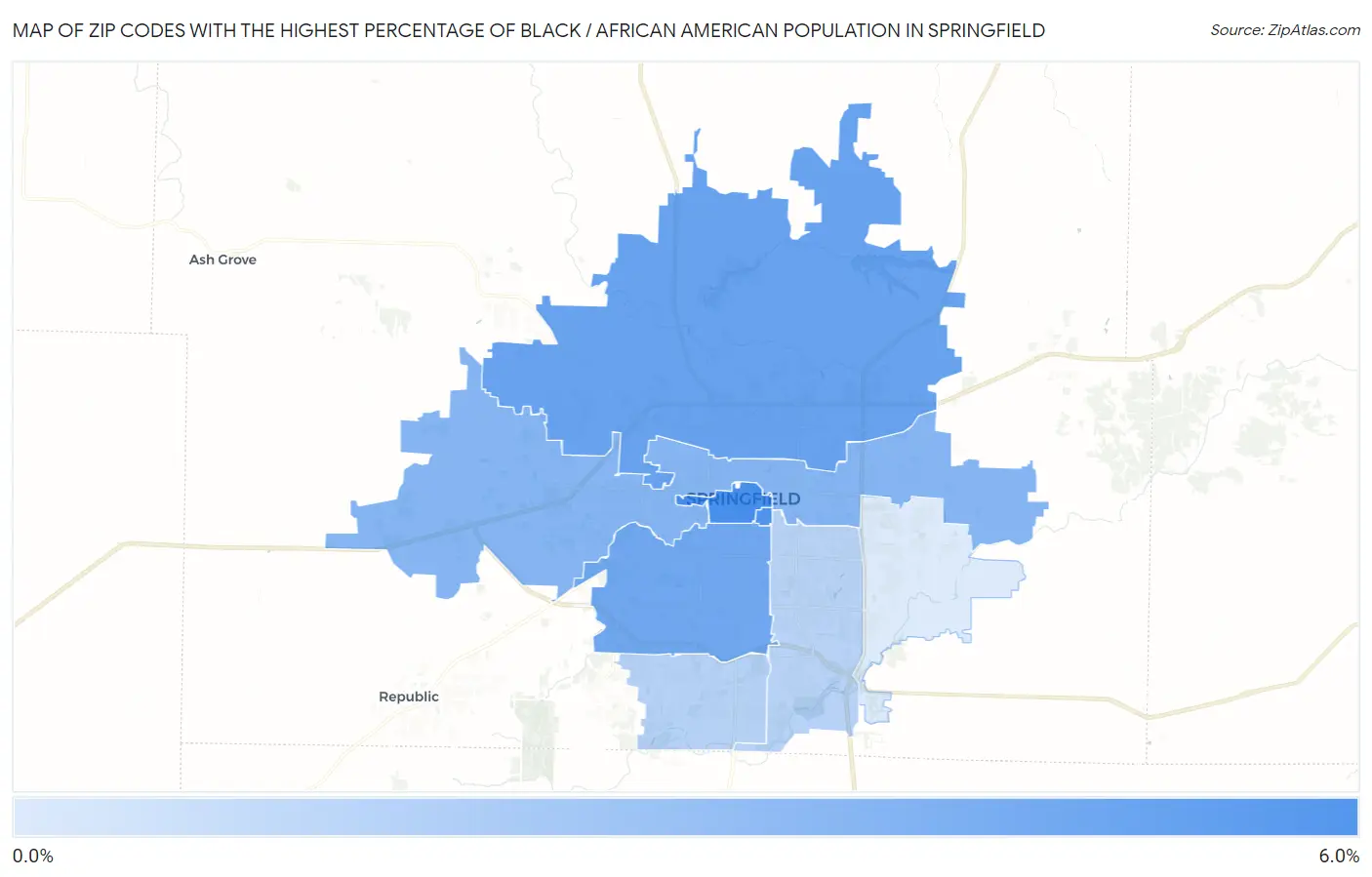 Zip Codes with the Highest Percentage of Black / African American Population in Springfield Map