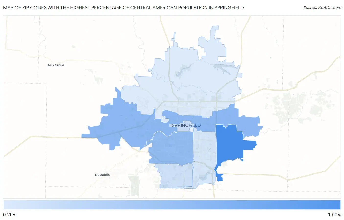 Zip Codes with the Highest Percentage of Central American Population in Springfield Map