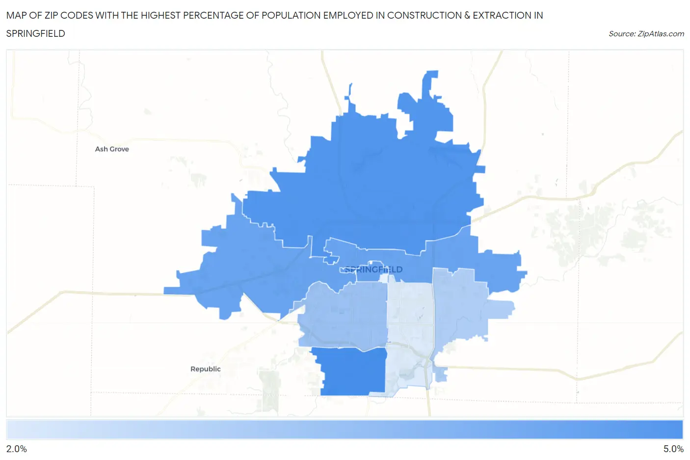 Zip Codes with the Highest Percentage of Population Employed in Construction & Extraction in Springfield Map