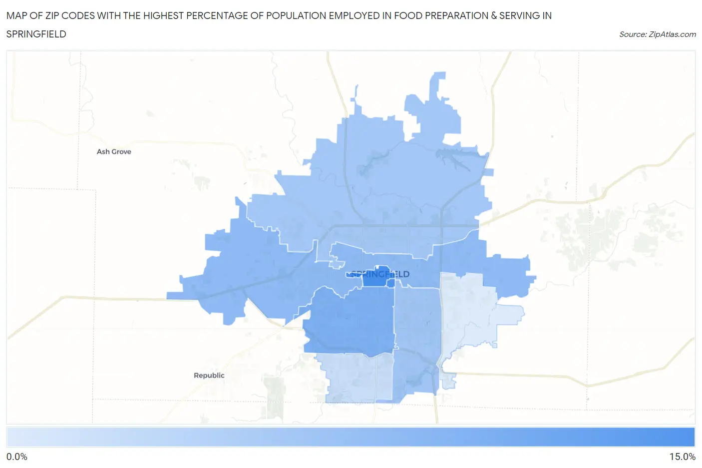 Zip Codes with the Highest Percentage of Population Employed in Food Preparation & Serving in Springfield Map