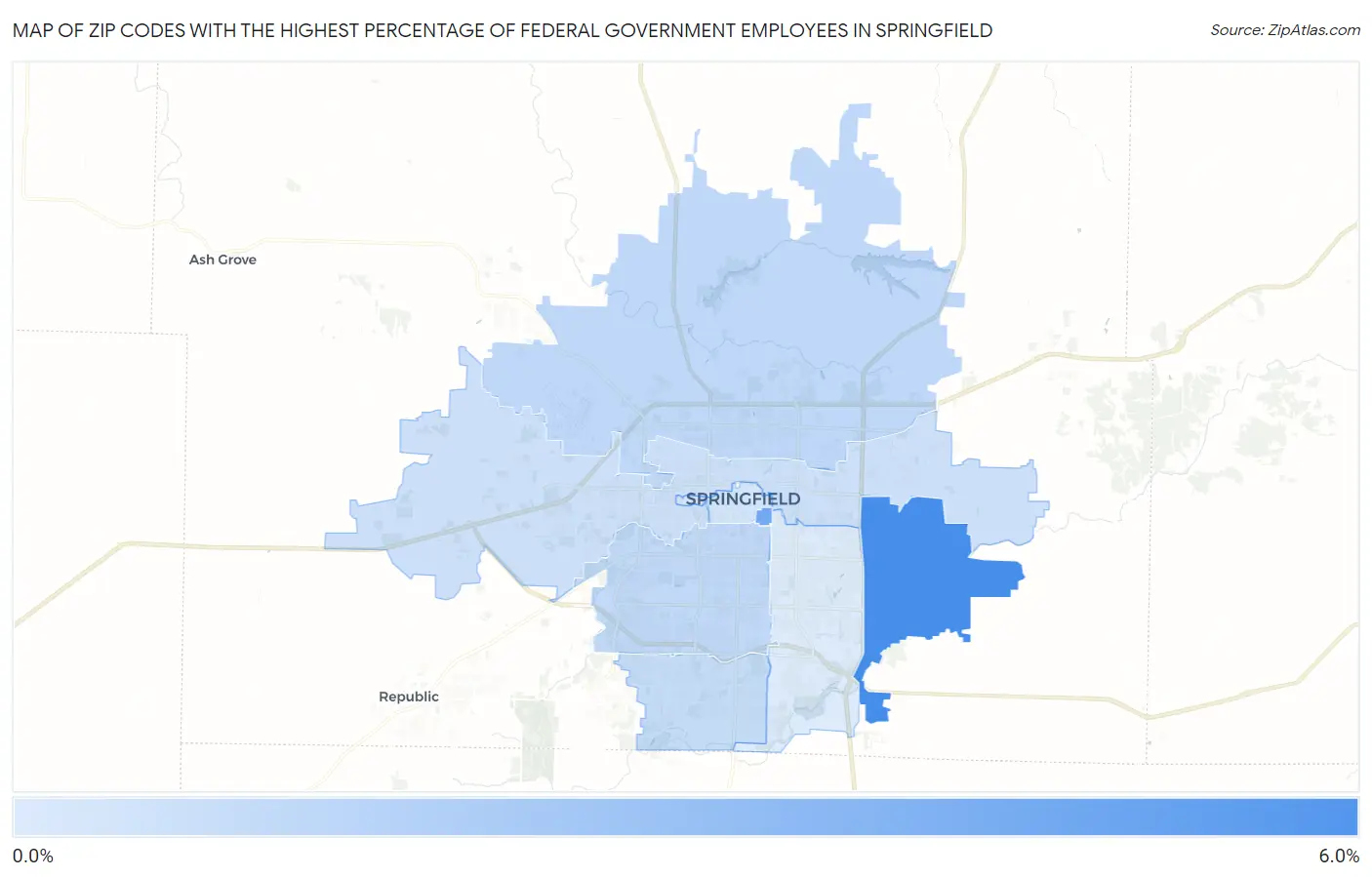 Zip Codes with the Highest Percentage of Federal Government Employees in Springfield Map