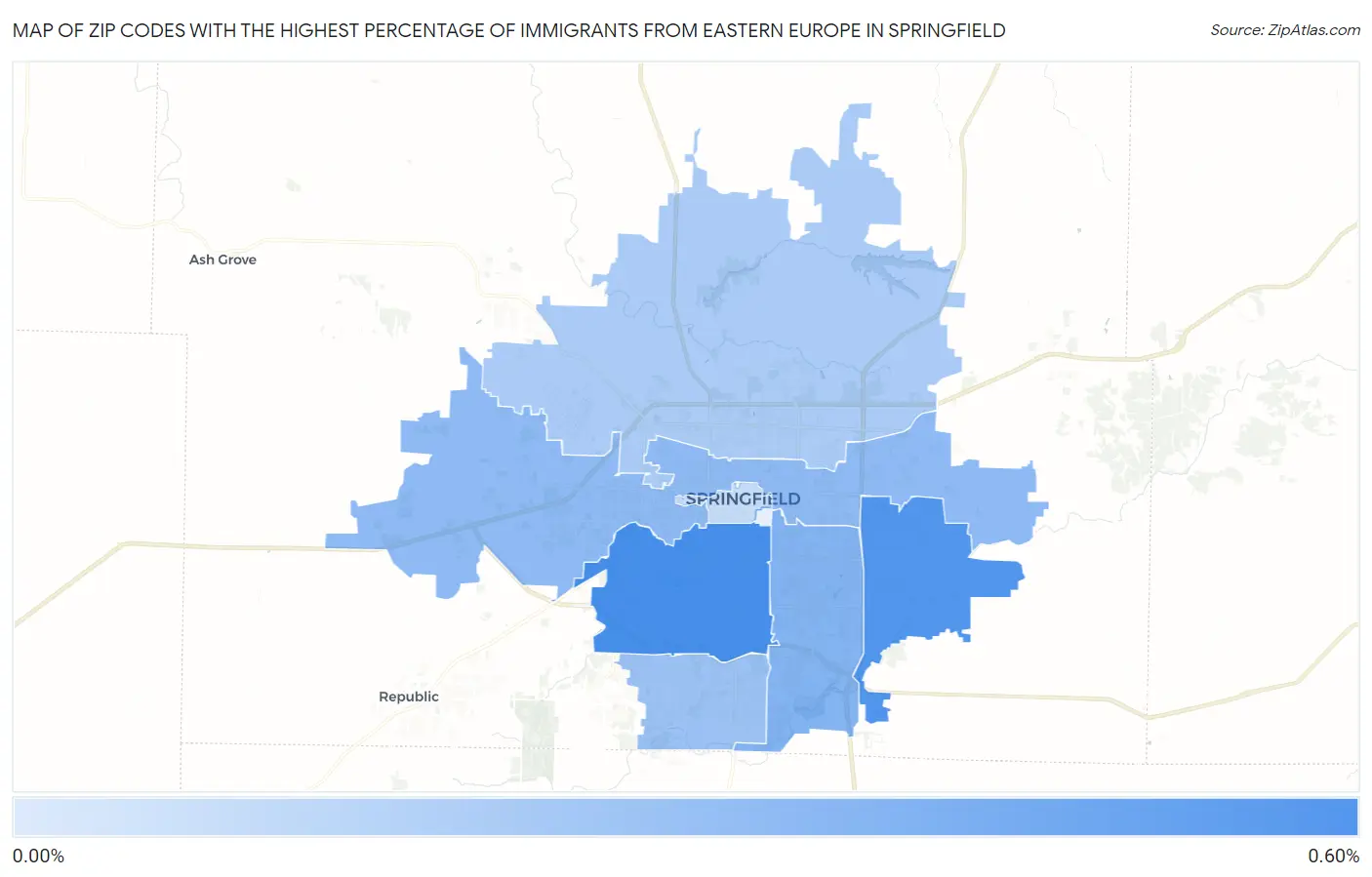 Zip Codes with the Highest Percentage of Immigrants from Eastern Europe in Springfield Map